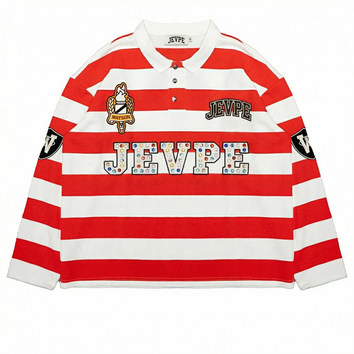 JEVPE men's long sleeve rugby polo shirt with red, white, and multi-color stripes, rhinestone embellishments, vintage streetwear style