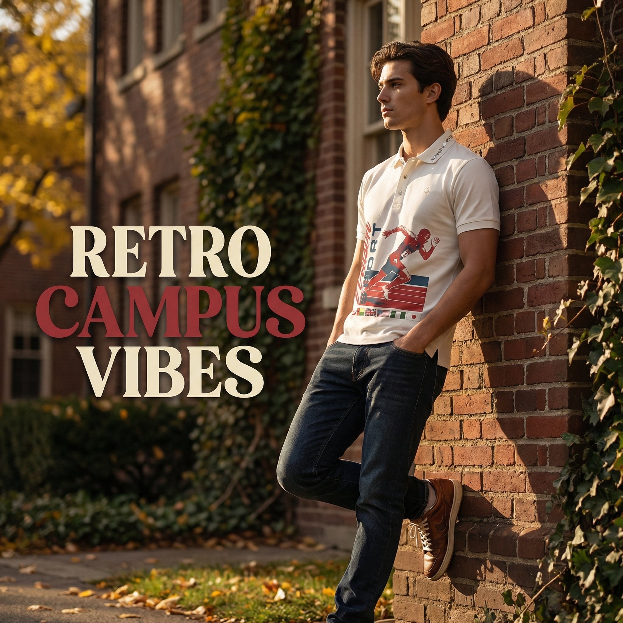 JEVPE men's vintage Watson sport white polo shirt with graphic design, short sleeves, and studded collar, retro athletic streetwear style