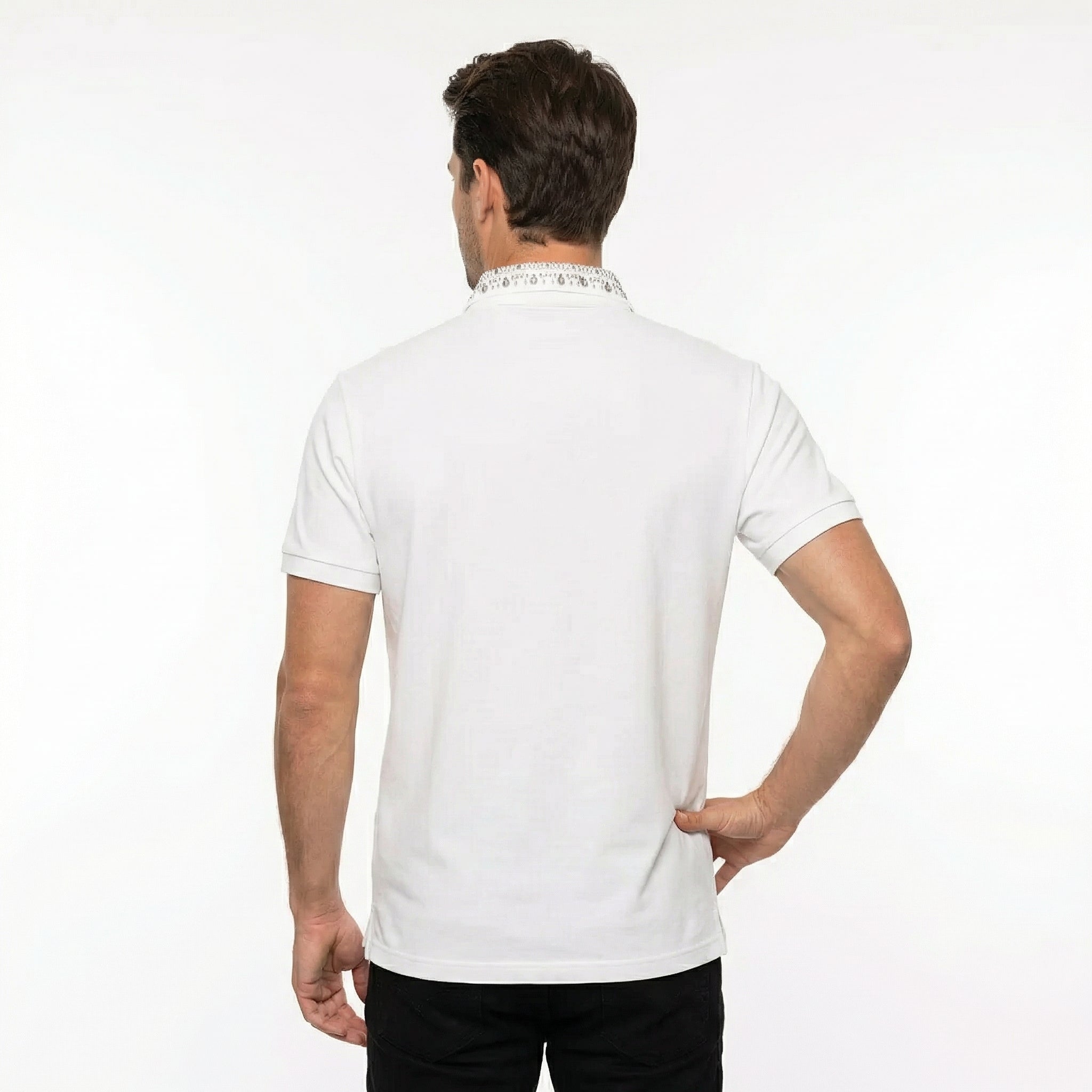 Men's white vintage Watson sport polo shirt by JEVPE with graphic design, short sleeves, and studded collar for retro athletic style.