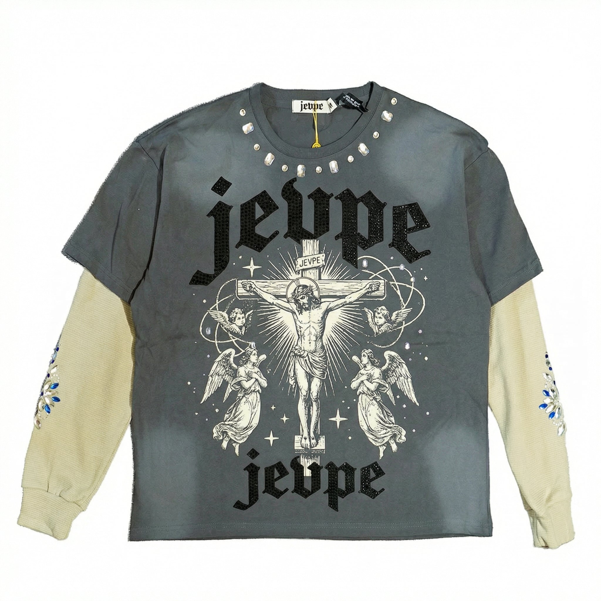 JEVPE men's vintage grey faux layer long sleeve T-shirt with rhinestone studded Jesus crucifixion graphic streetwear style