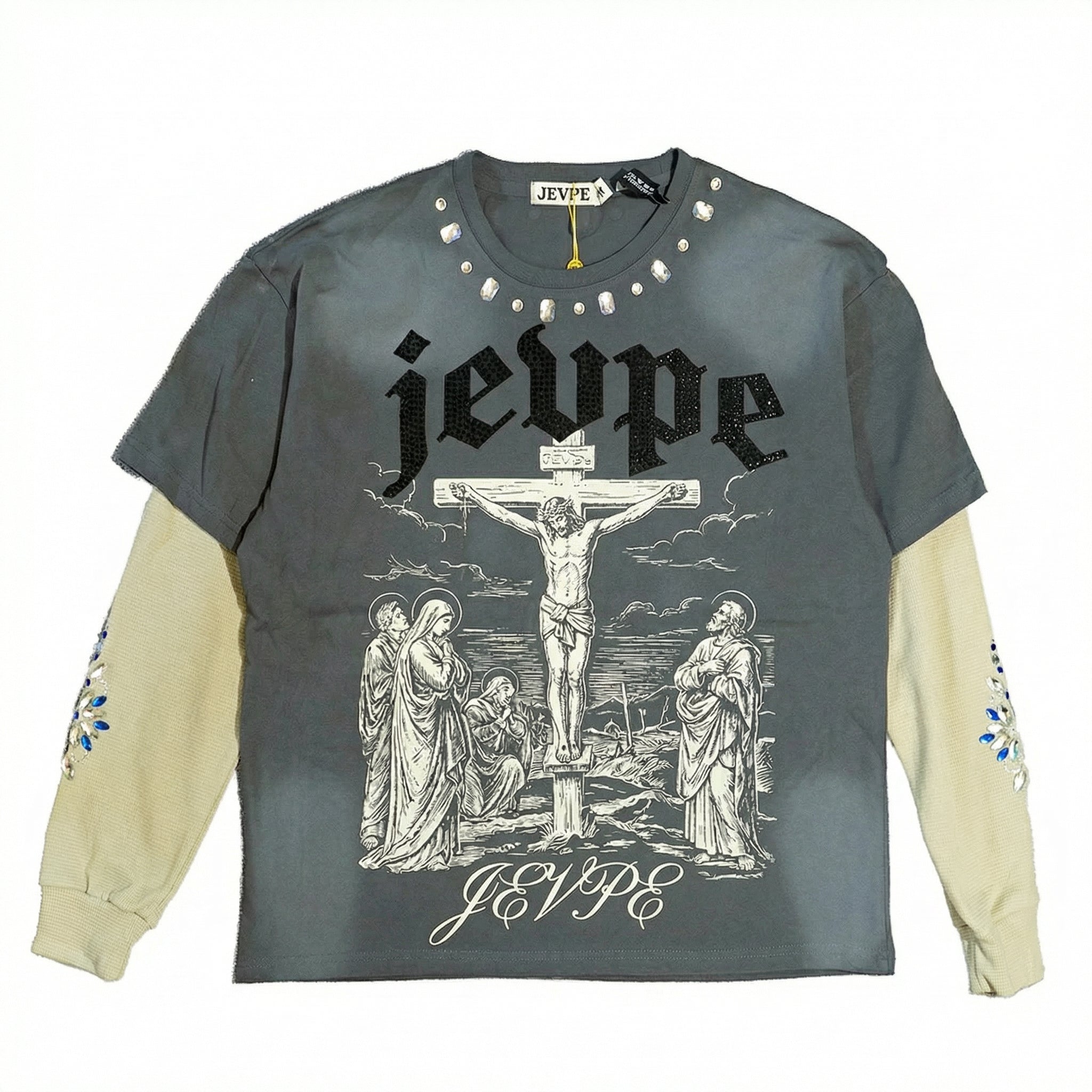 JEVPE men's vintage grey and beige long sleeve tee with rhinestone-studded Jesus graphic, retro religious streetwear top