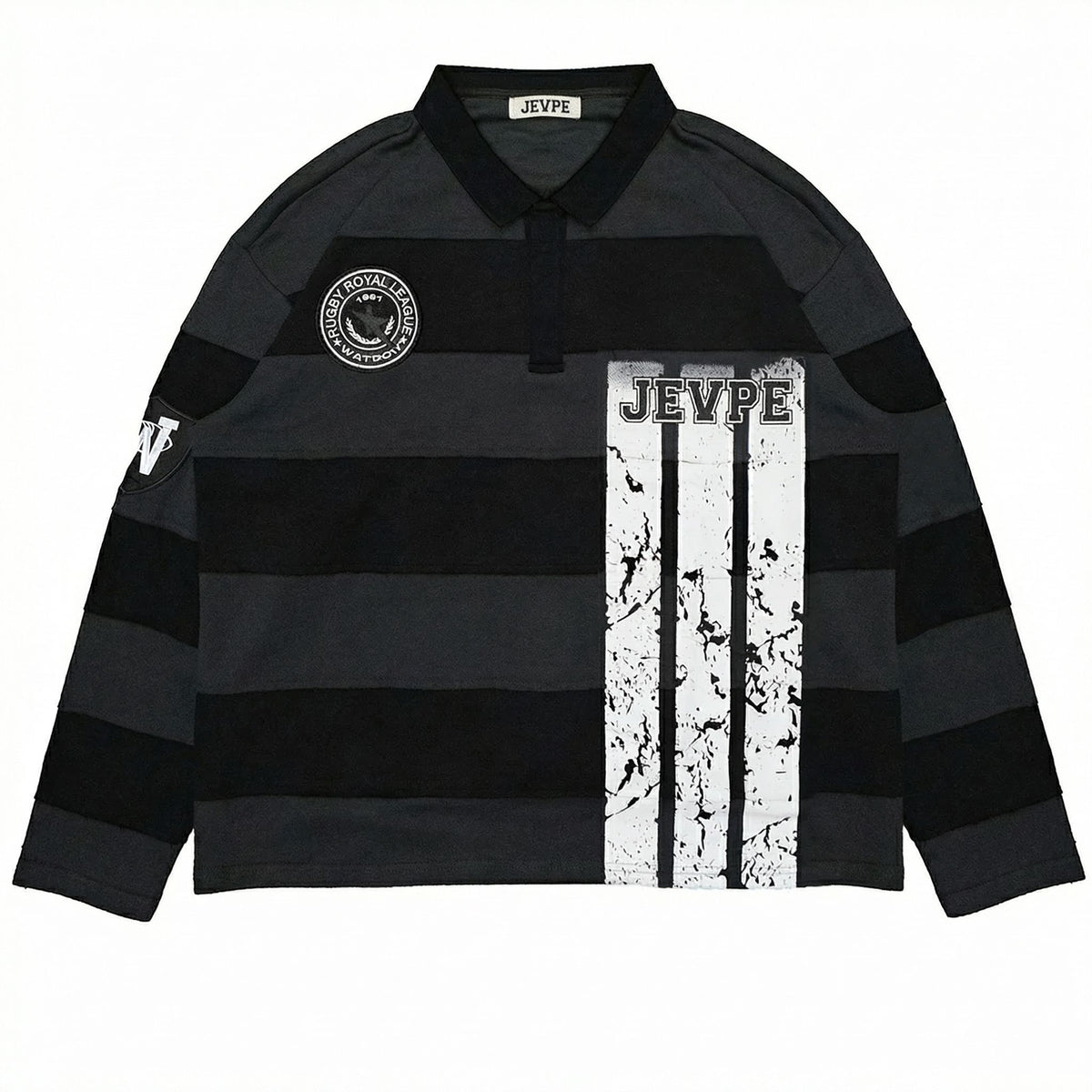 Men's JEVPE long sleeve rugby polo shirt with charcoal and black stripes, distressed design, casual streetwear athletic style.