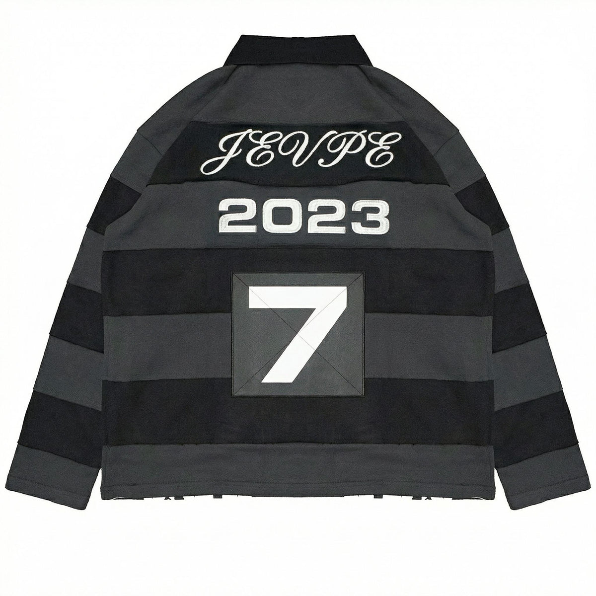 Men's JEVPE long sleeve rugby polo shirt with charcoal and black stripes, distressed look, casual streetwear athletic style.