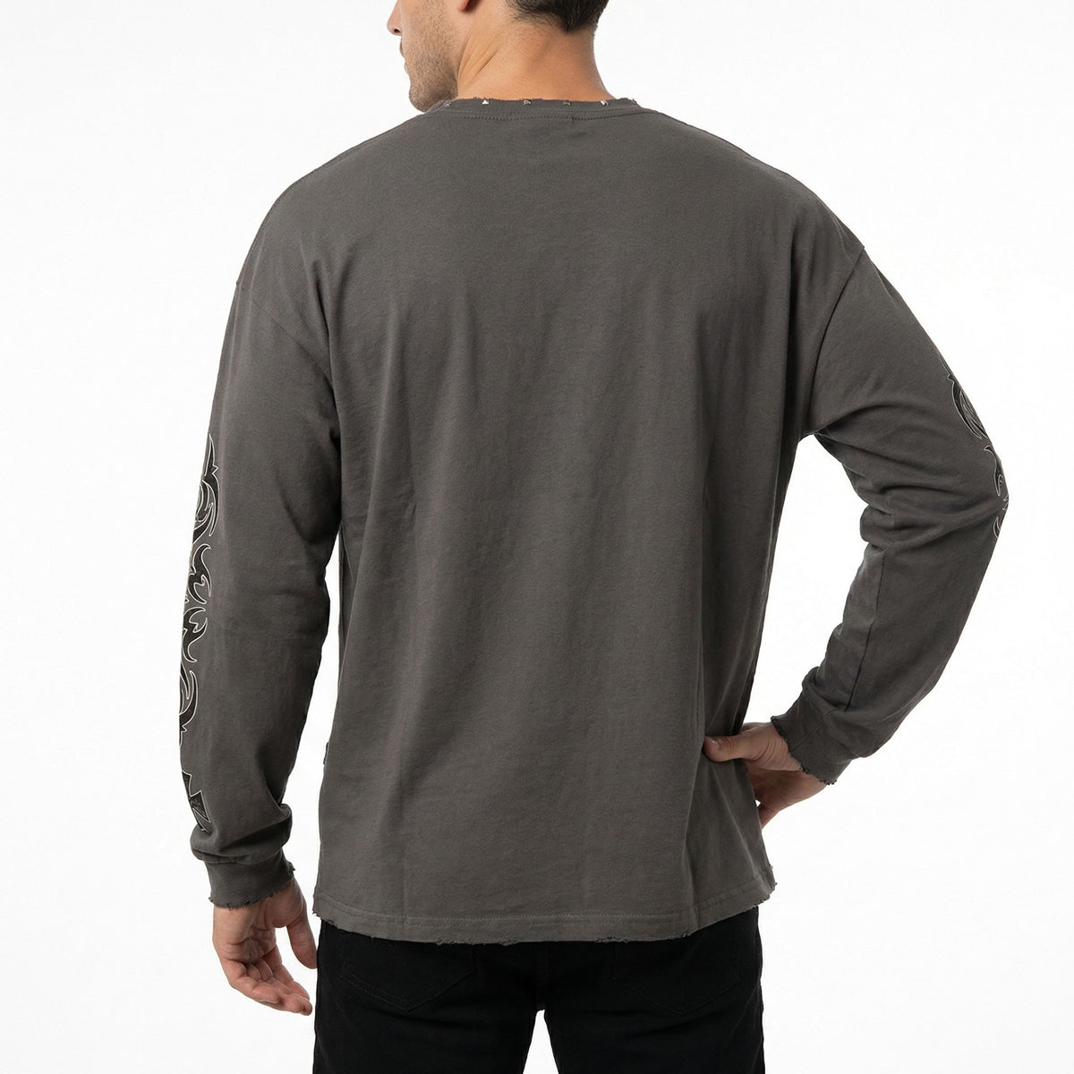 JEVPE men's vintage grey and beige long sleeve tee with rhinestone-studded Jesus graphic, retro religious streetwear top.