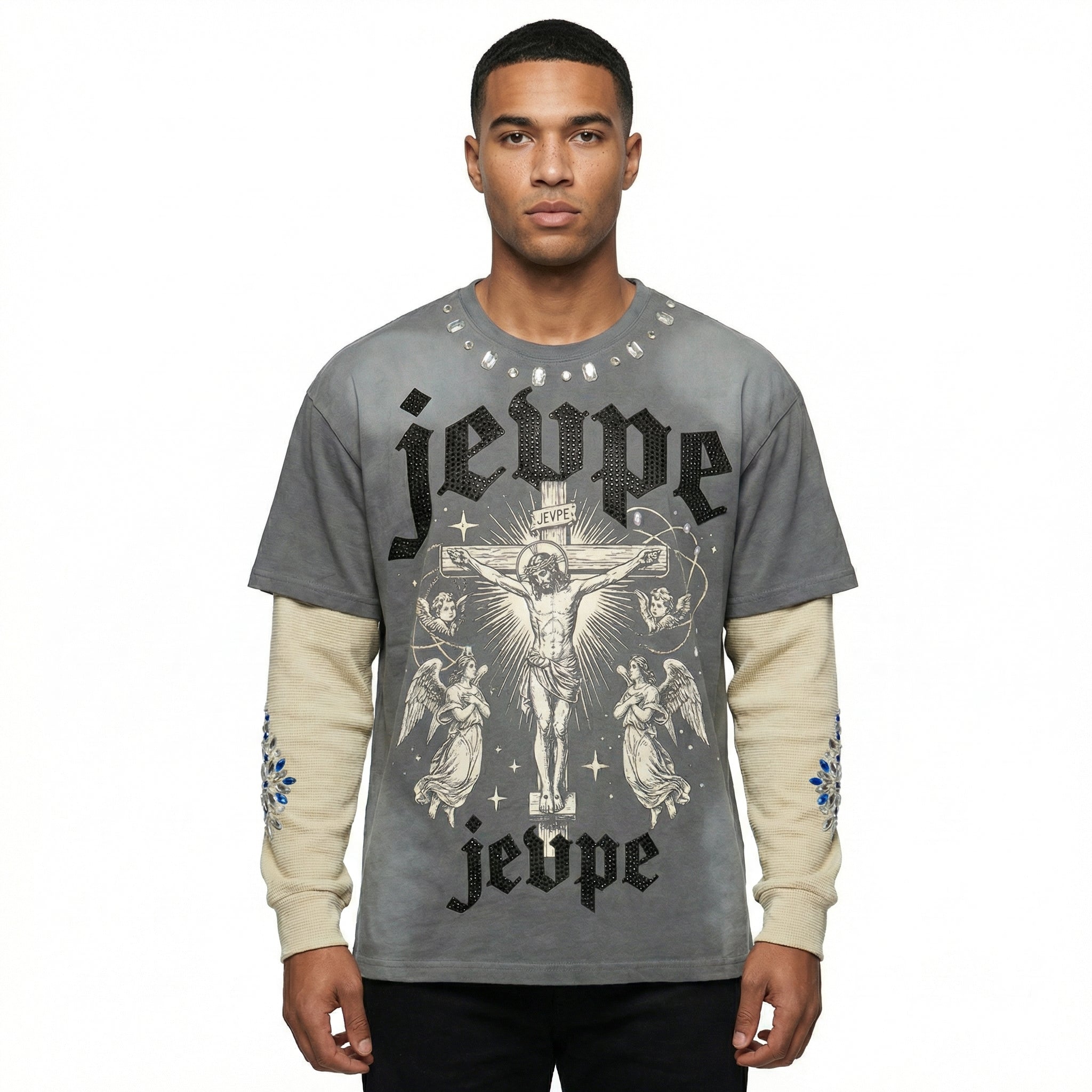 JEVPE men's vintage grey and beige twofer long sleeve T-shirt with rhinestone-studded Jesus graphic, streetwear style