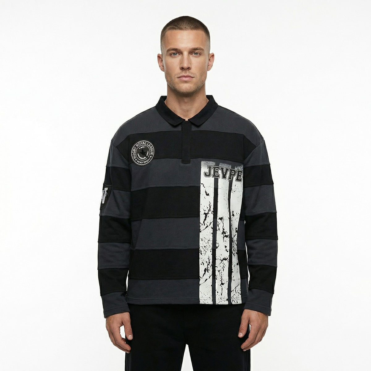 JEVPE men's charcoal and black striped distressed rugby polo shirt with long sleeves, streetwear athletic casual style.