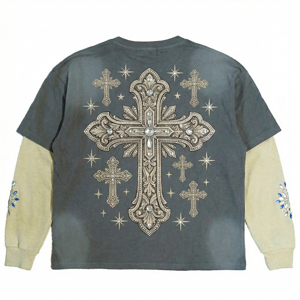JEVPE men's vintage grey faux layer long sleeve T-shirt with rhinestone-studded Jesus crucifixion graphic, streetwear style.