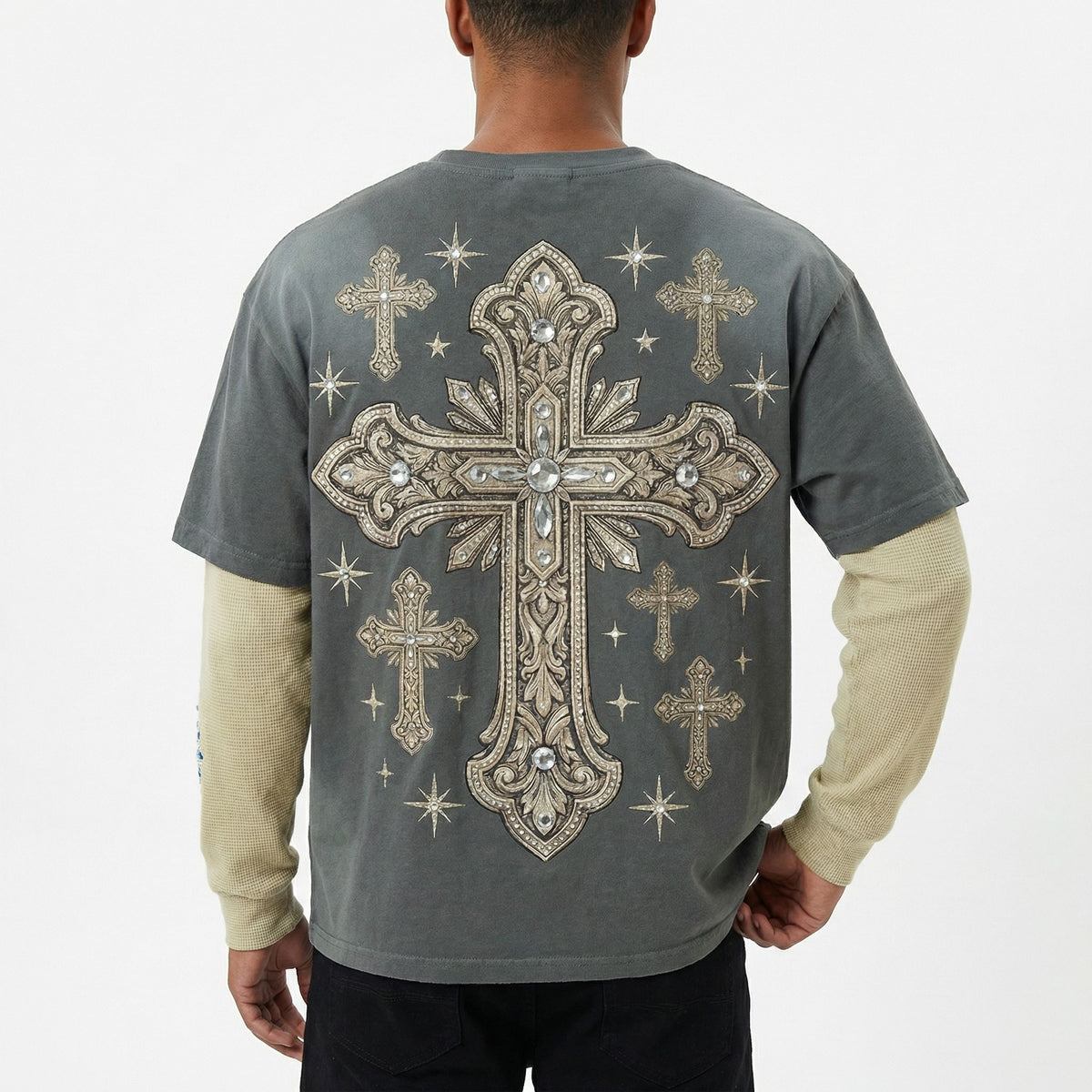 JEVPE men's vintage grey faux layer long sleeve T-shirt with rhinestone studded Jesus crucifixion graphic streetwear style