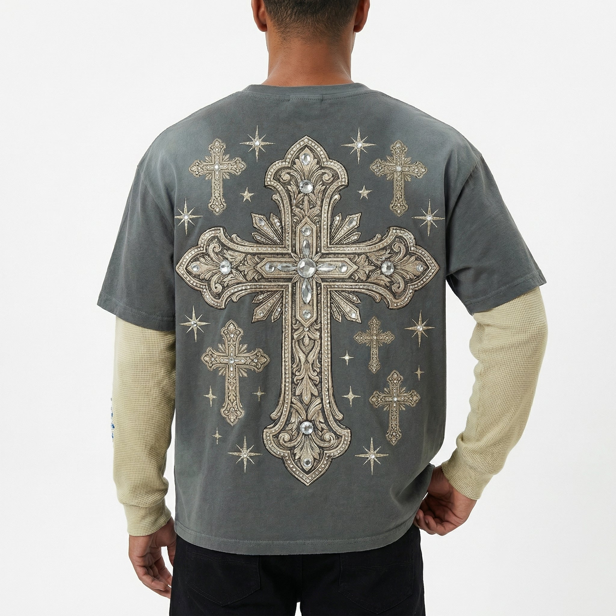 JEVPE men's vintage grey faux layer long sleeve T-shirt with rhinestone studded Jesus crucifixion graphic streetwear style