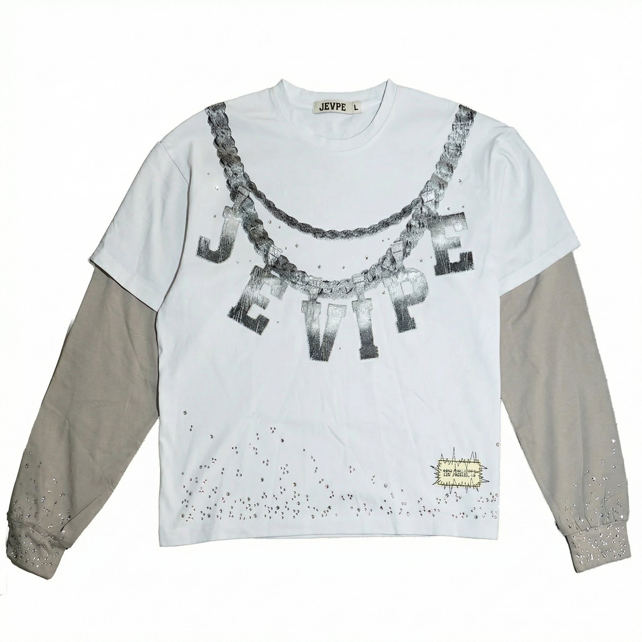 JEVPE men's white and grey faux layer long sleeve T-shirt with rhinestone studded chain print streetwear style