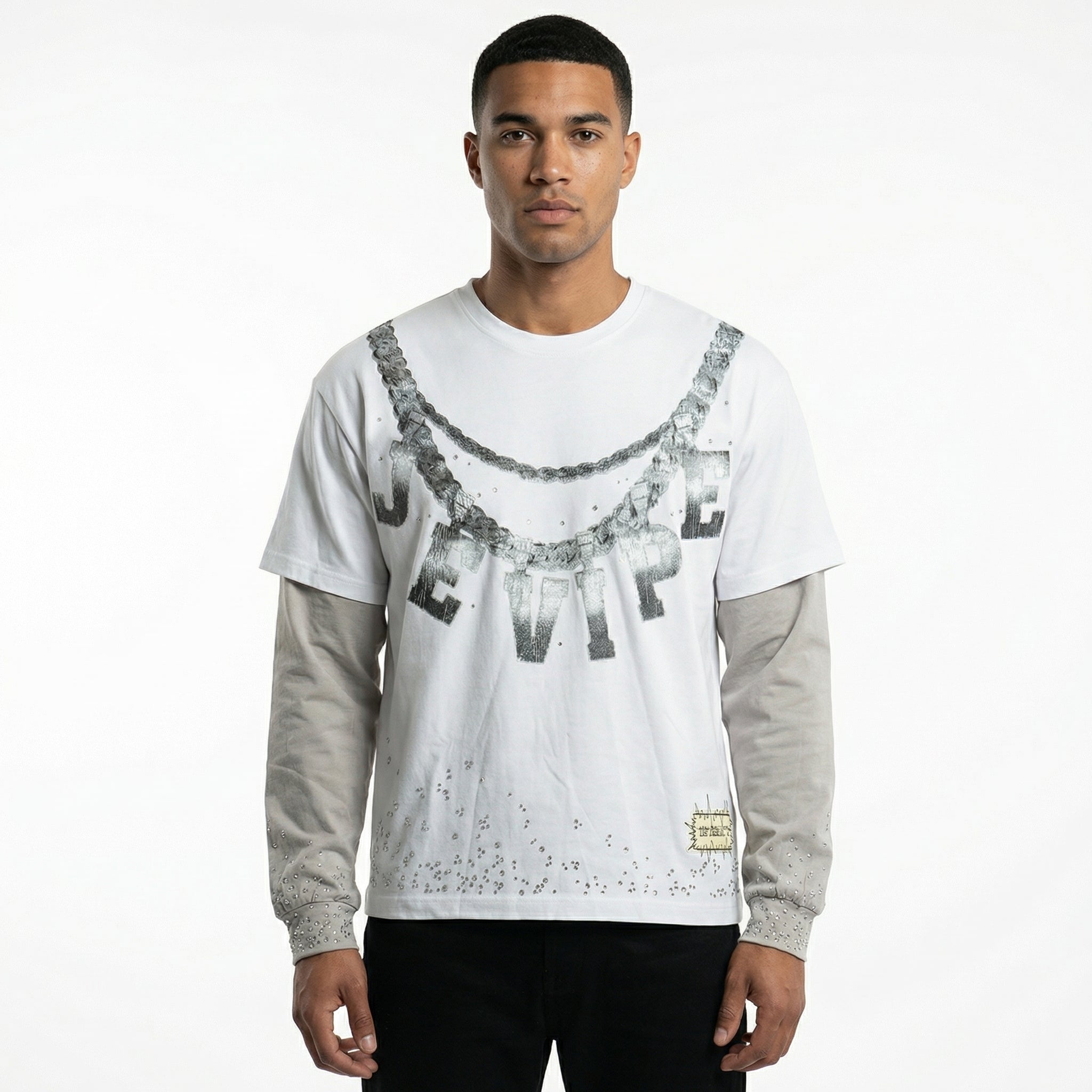 JEVPE men's white and grey faux layer long sleeve T-shirt featuring rhinestone-studded chain print streetwear style.