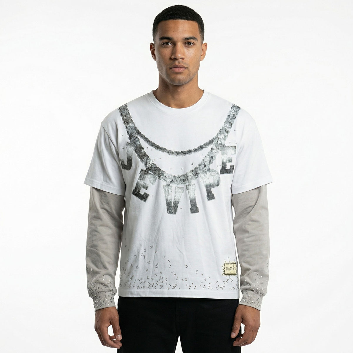 JEVPE men's white and grey faux layer long sleeve T-shirt featuring rhinestone-studded chain print streetwear style.