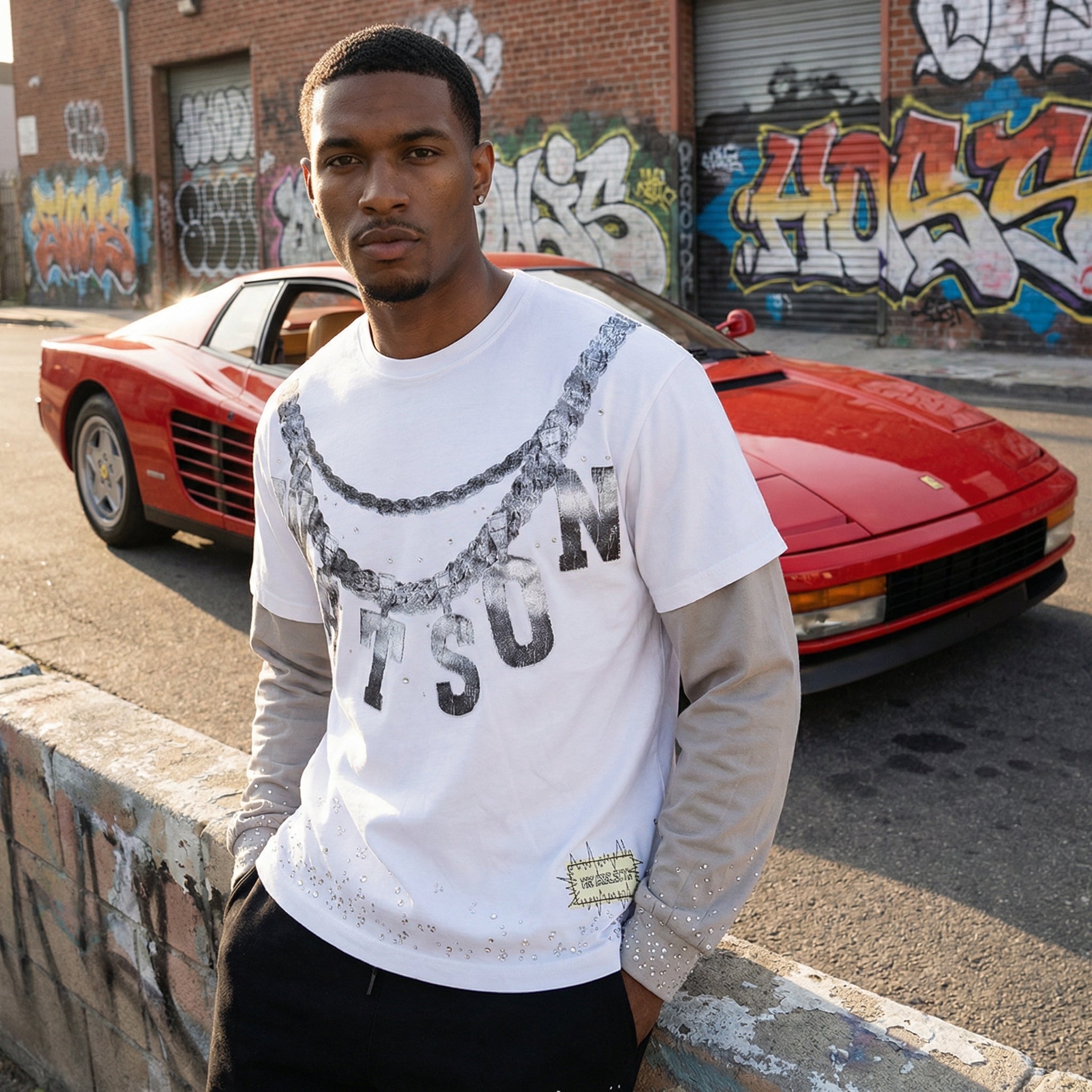 JEVPE men's white and grey faux layer long sleeve T-shirt with rhinestone studded chain print, streetwear style, casual fashion top
