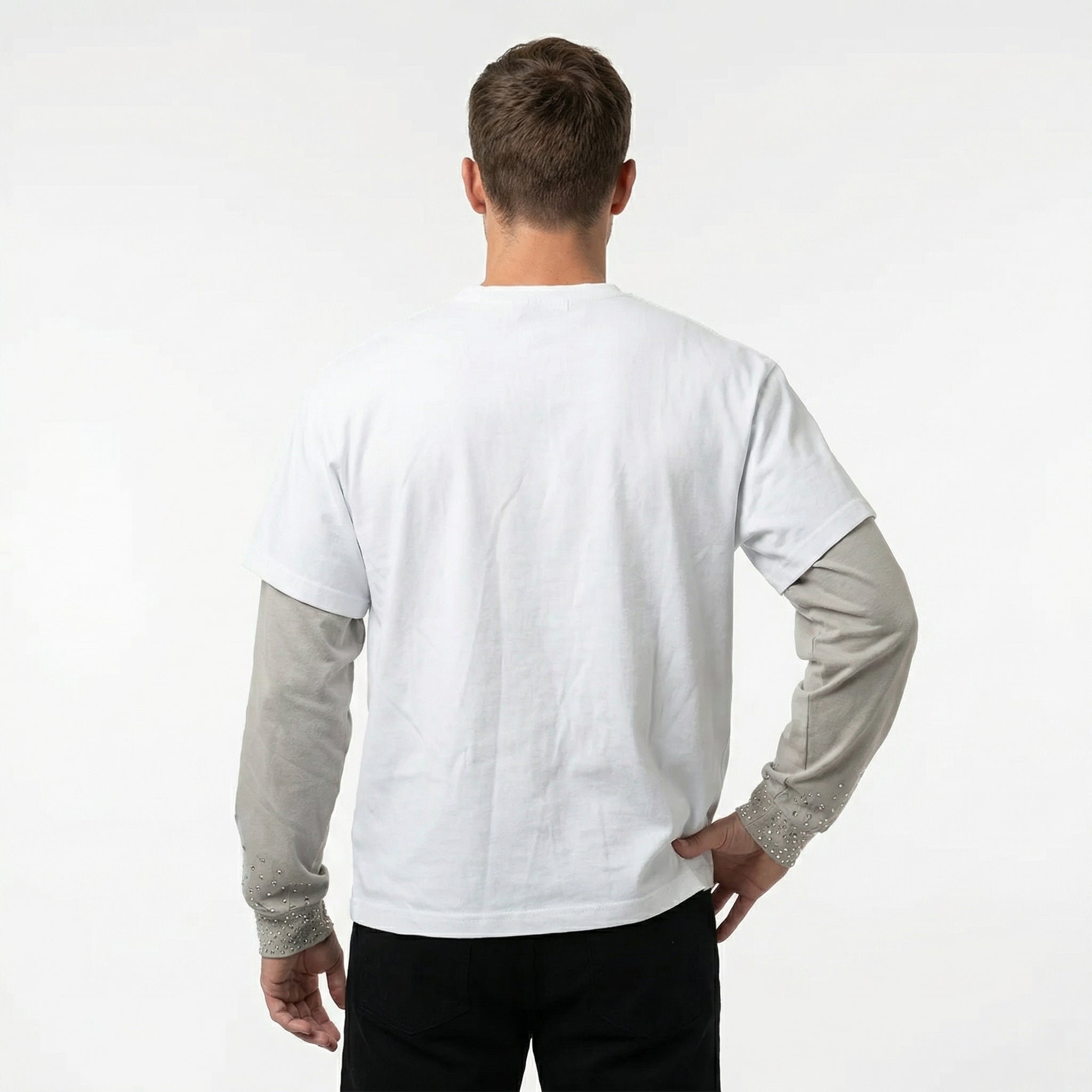 JEVPE men's white and grey faux layer long sleeve T-shirt with rhinestone studded chain print, streetwear style.