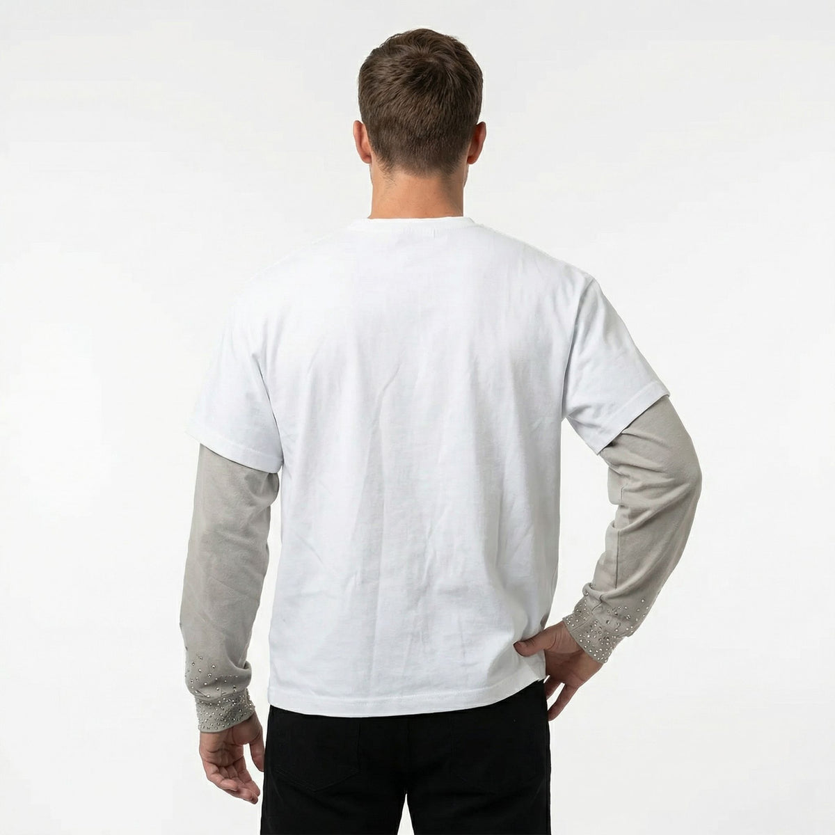 JEVPE men's white and grey faux layer long sleeve T-shirt with rhinestone studded chain print, streetwear style.