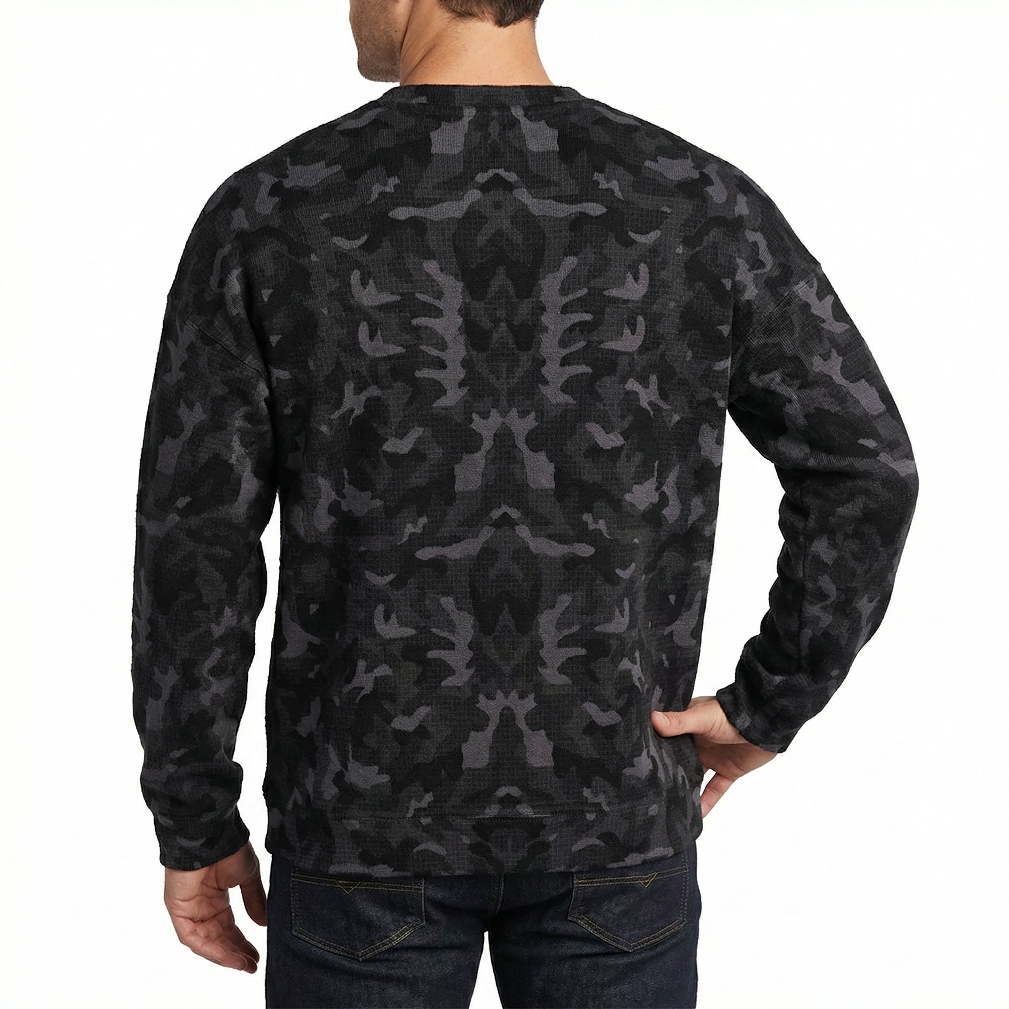 Black camo gothic cross graphic crewneck sweatshirt for men by JEVPE, featuring streetwear style and casual pullover design.