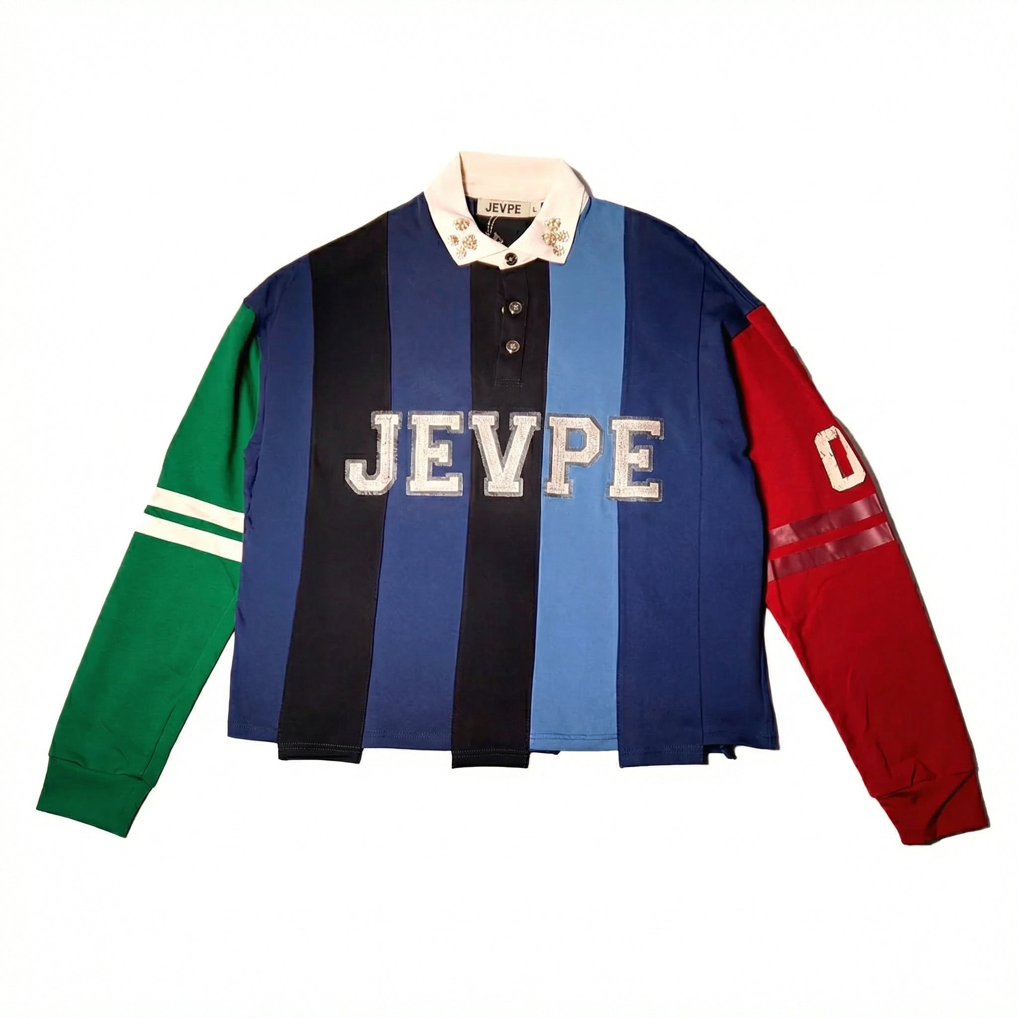 JEVPE men's color block striped chenille rugby polo shirt with contrasting sleeves and logo, vintage streetwear style.
