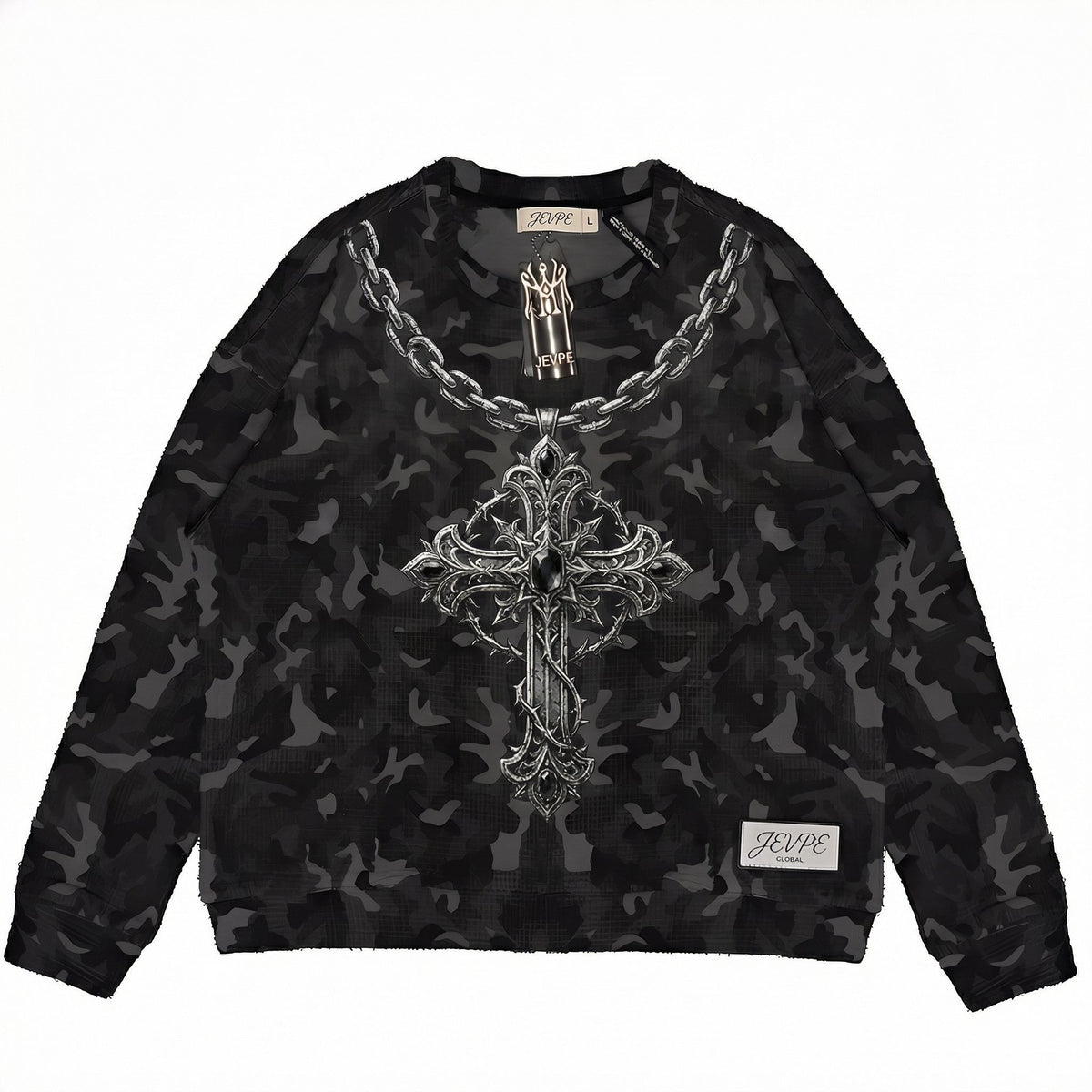 JEVPE men's black camo gothic cross graphic crewneck sweatshirt with ornate design, streetwear casual pullover style.