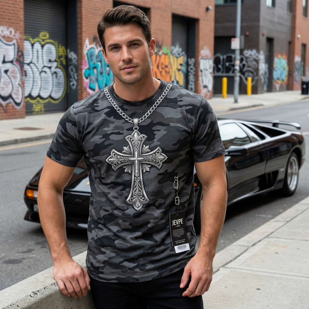 Men's black camo gothic cross graphic crewneck sweatshirt by JEVPE featuring streetwear casual style and ornate design.