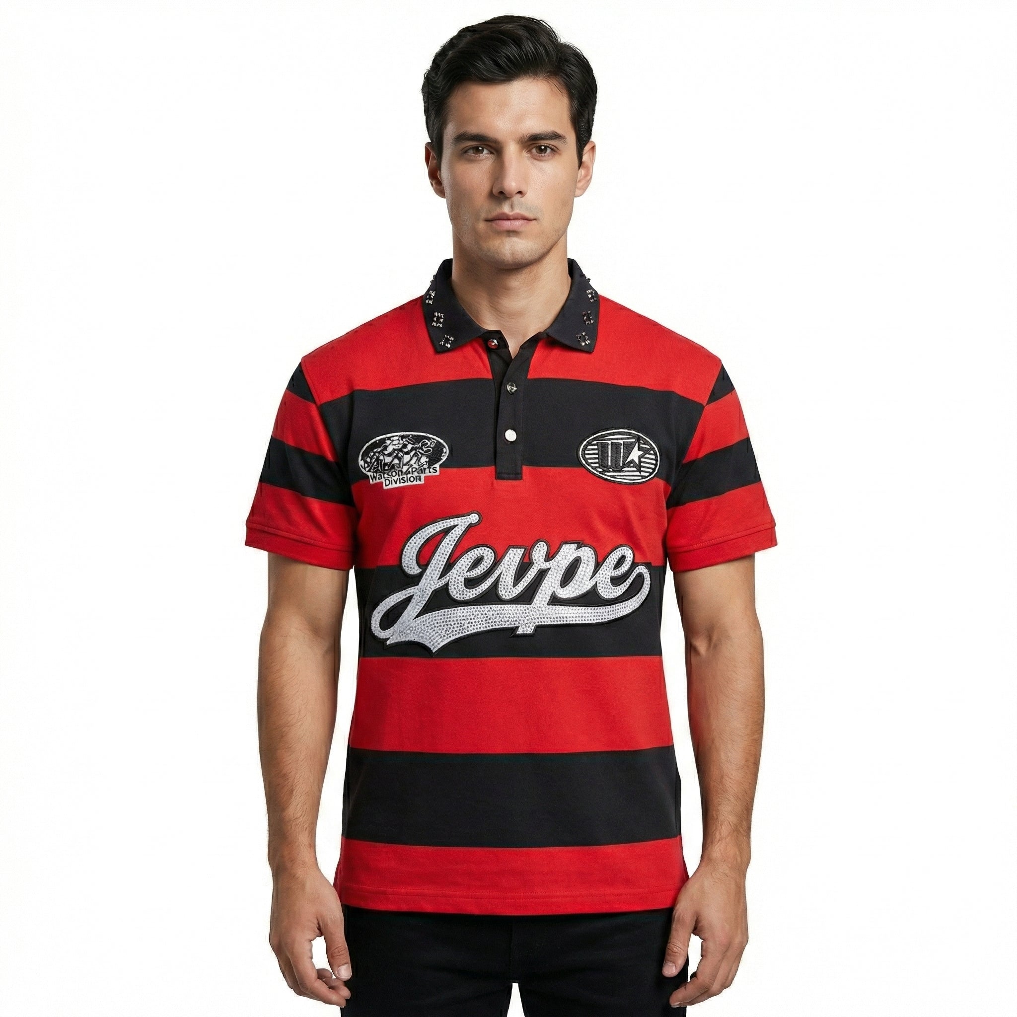 JEVPE men's red and black striped rugby polo shirt with rhinestone embellishments, short sleeves, vintage streetwear style.