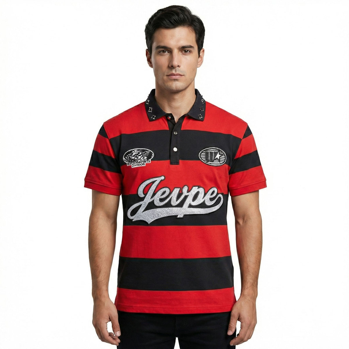 JEVPE men's red and black striped rugby polo shirt with rhinestone embellishments, short sleeves, vintage streetwear style.