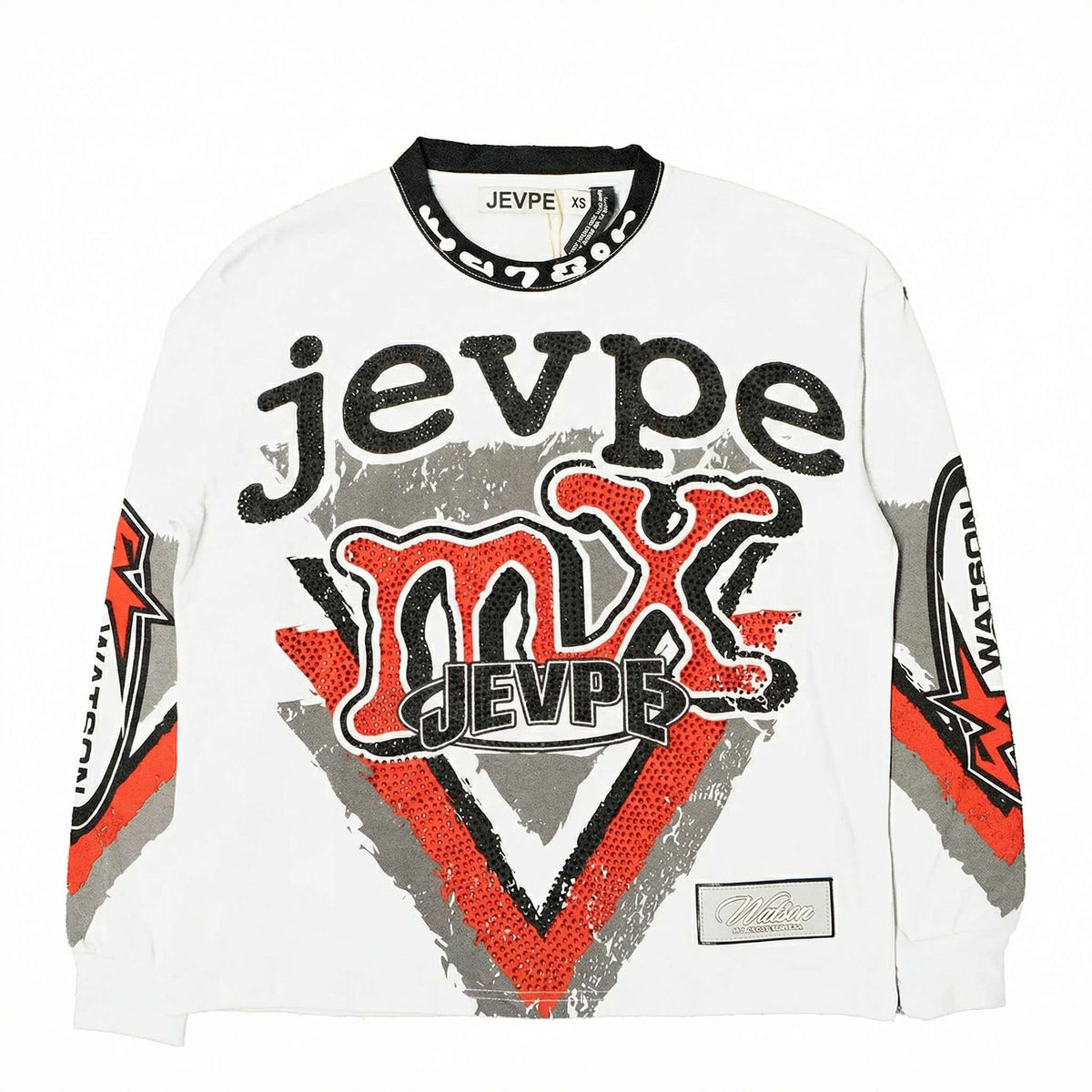 JEVPE men's white long sleeve motocross T-shirt with graphic and rhinestone embellishments, vintage racing streetwear style.