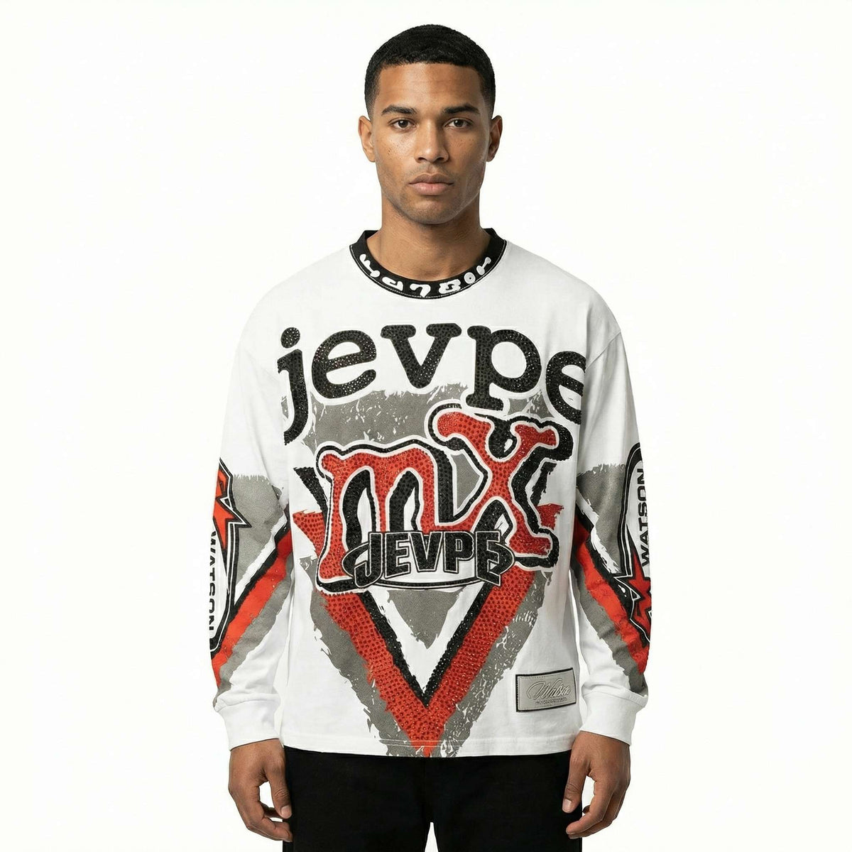 White men's motocross graphic long sleeve T-shirt by JEVPE with rhinestone embellishments and vintage racing streetwear style.
