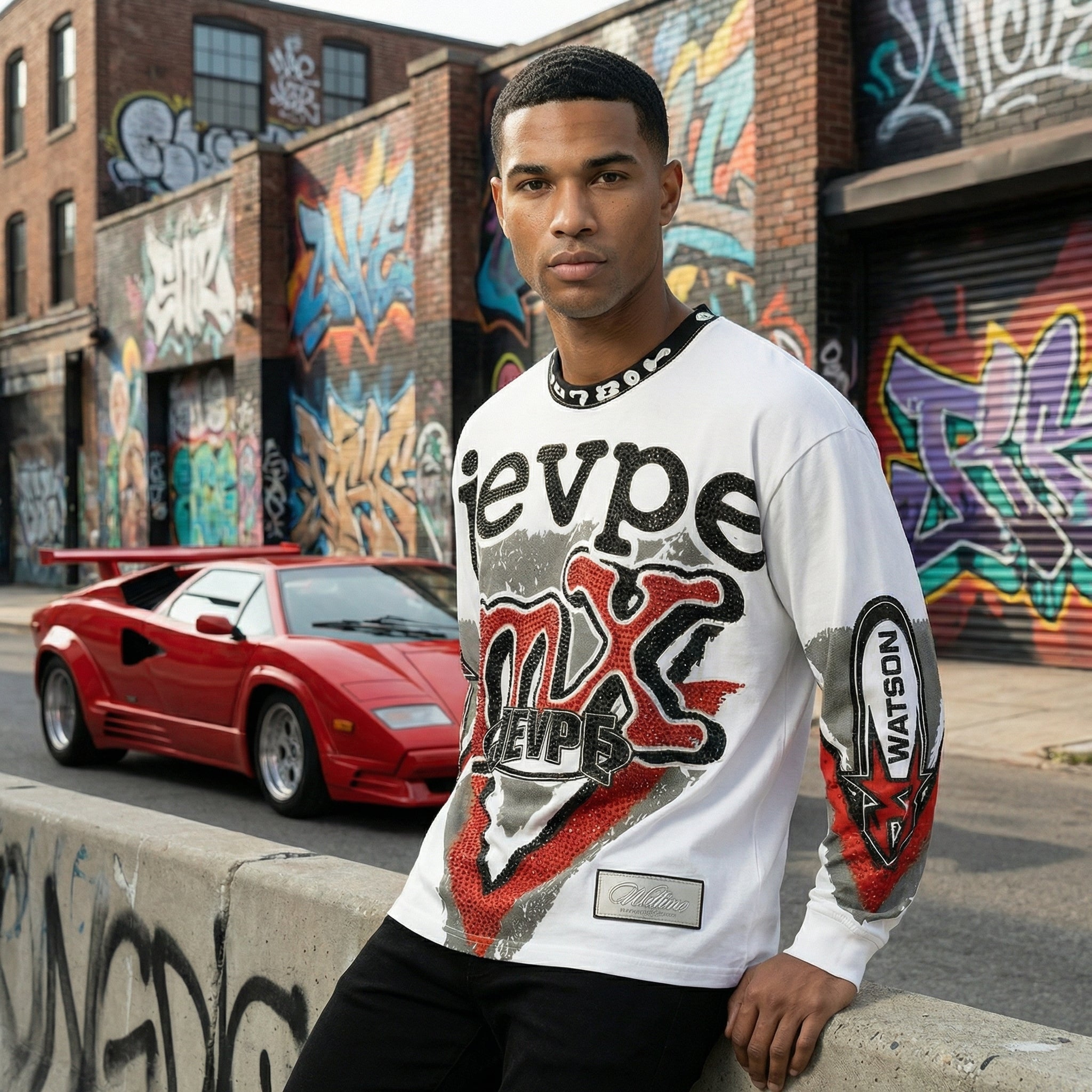 White men's MX motocross graphic T-shirt by JEVPE with rhinestone embellishments and vintage racing streetwear style.