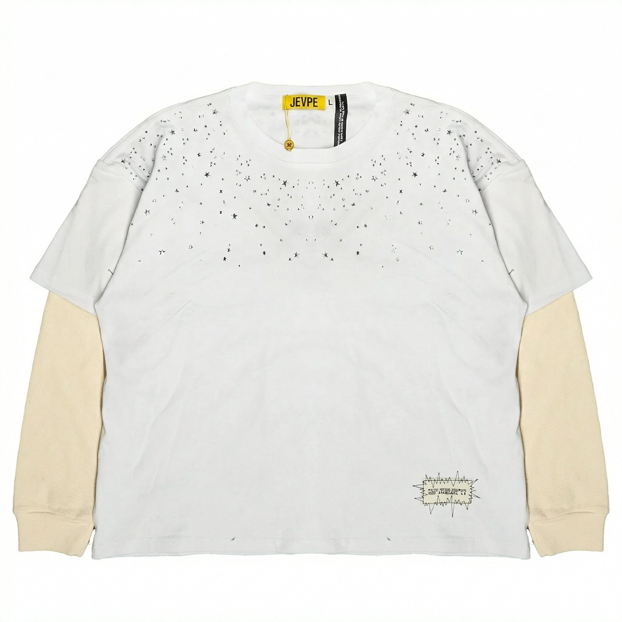 JEVPE men's white and beige twofer long sleeve T-shirt with star rhinestone embellishments, vintage streetwear style.