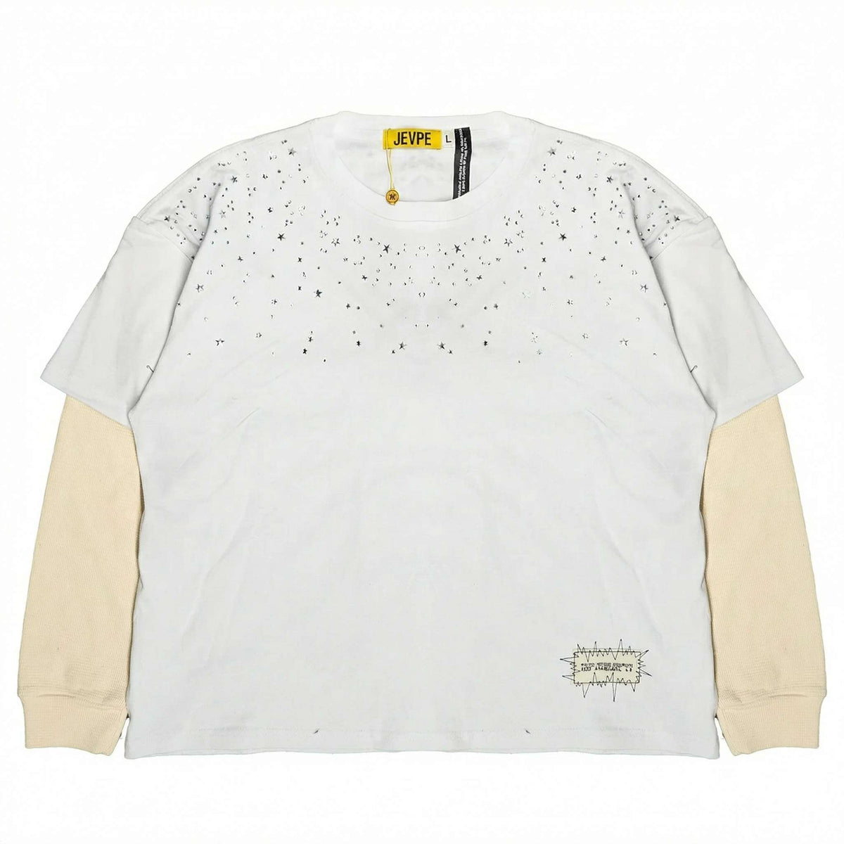 JEVPE men's white and beige twofer long sleeve T-shirt with star rhinestone embellishments, vintage streetwear style.