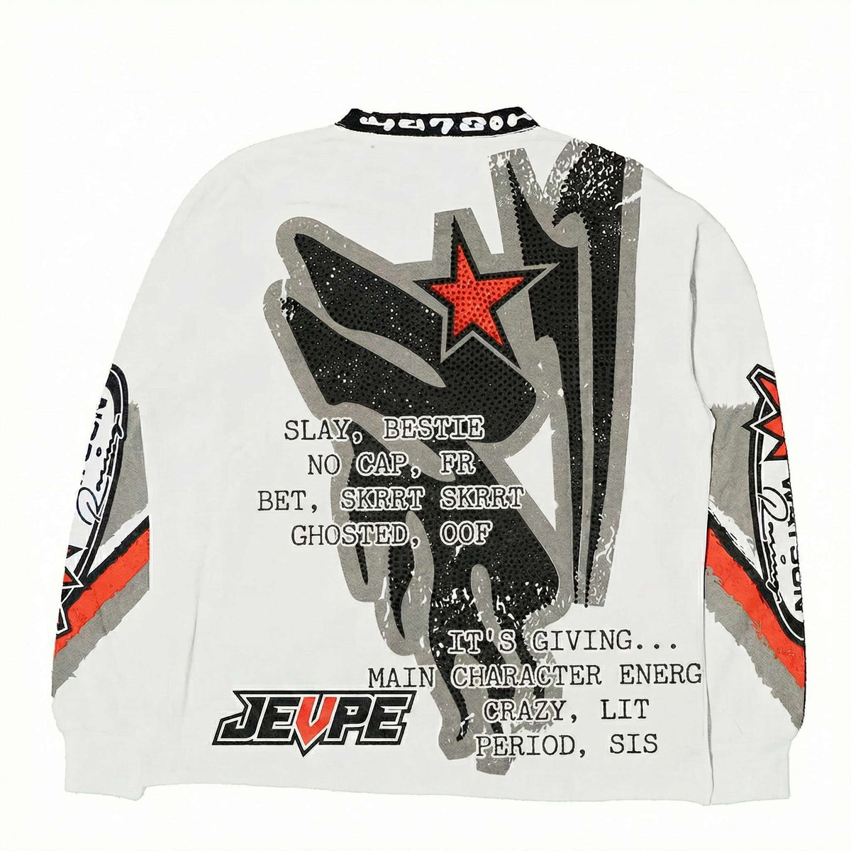 JEVPE men's white motocross graphic long sleeve T-shirt with rhinestone embellishments and vintage racing streetwear style.
