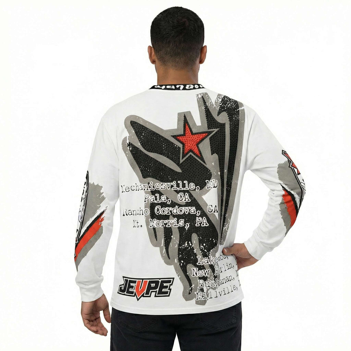 White men's MX motocross graphic T-shirt by JEVPE with rhinestone embellishments, long sleeve vintage racing streetwear top.