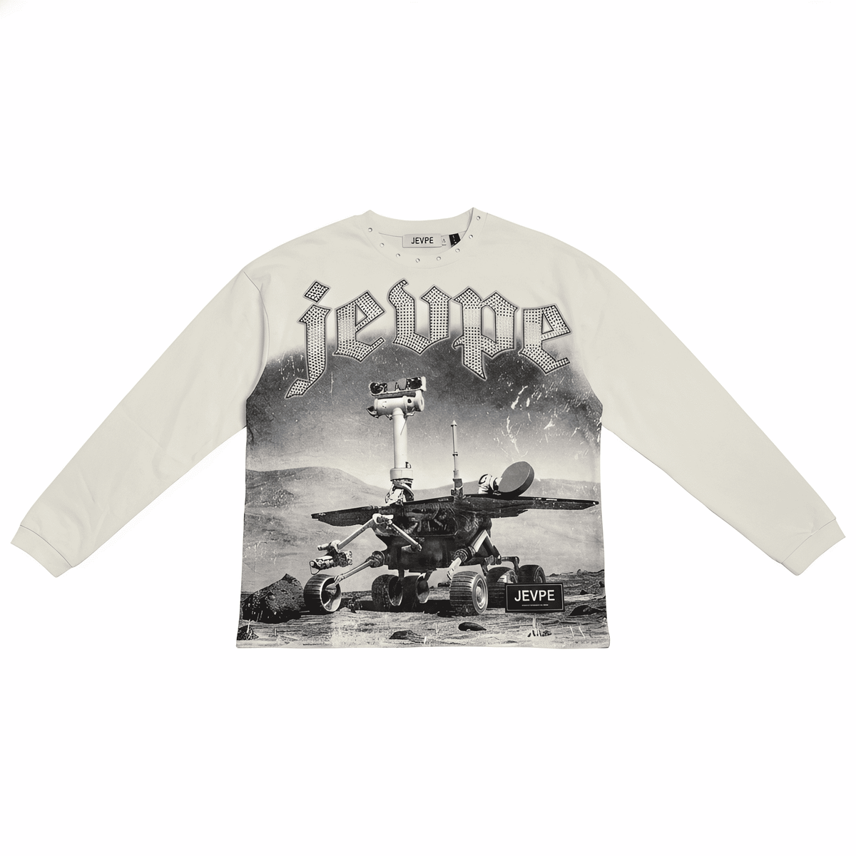 JEVPE men's vintage Mars Rover space graphic long sleeve T-shirt with rhinestone embellishments, retro futuristic streetwear style