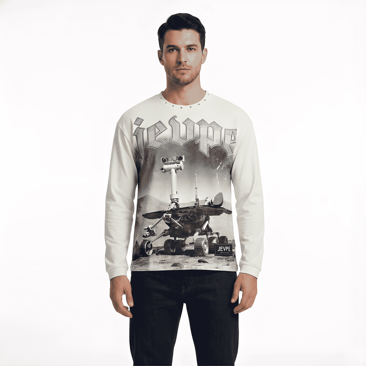 JEVPE men's vintage long sleeve T-shirt with Mars Rover space graphic and rhinestone embellishments, retro futuristic streetwear style
