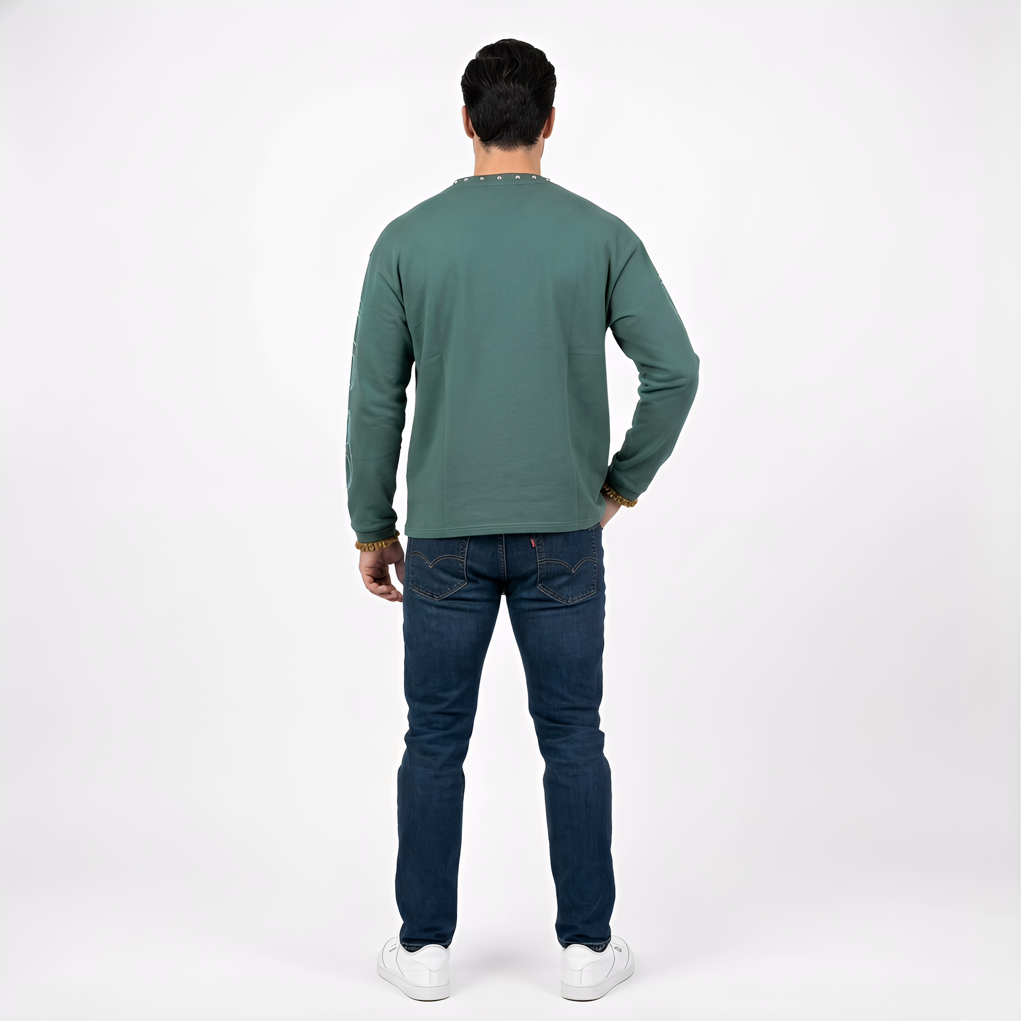 Dark green gothic demon throne graphic long sleeve T-shirt for men by JEVPE, featuring studded details and edgy streetwear style.