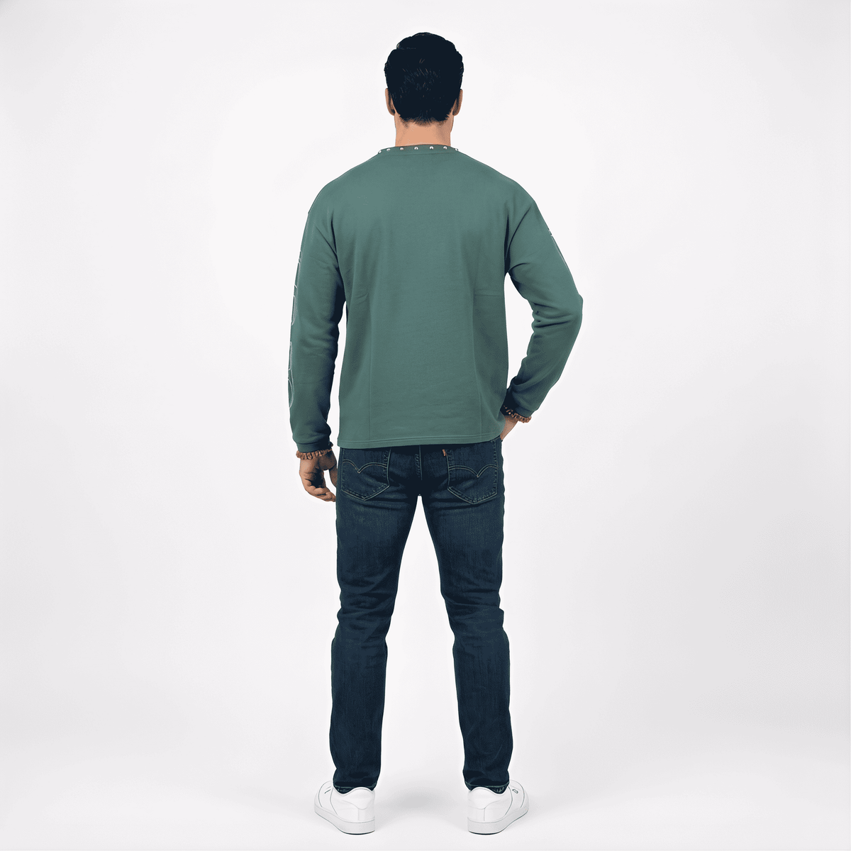 Dark green gothic demon throne graphic long sleeve T-shirt for men by JEVPE, featuring studded details and edgy streetwear style.