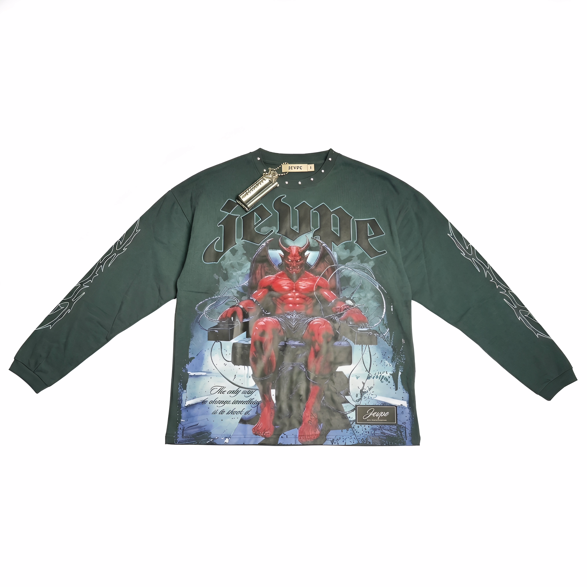 Dark green Gothic Demon Throne graphic long sleeve T-shirt for men by JEVPE, featuring studded accents and edgy streetwear style.