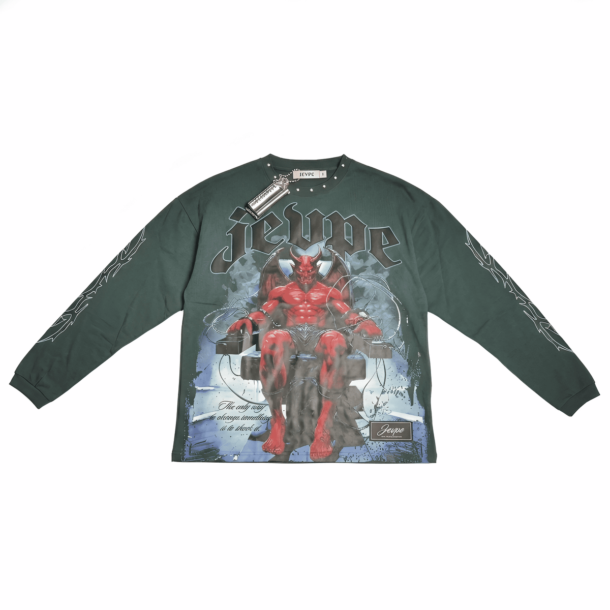 Dark green Gothic Demon Throne graphic long sleeve T-shirt for men by JEVPE, featuring studded accents and edgy streetwear style.