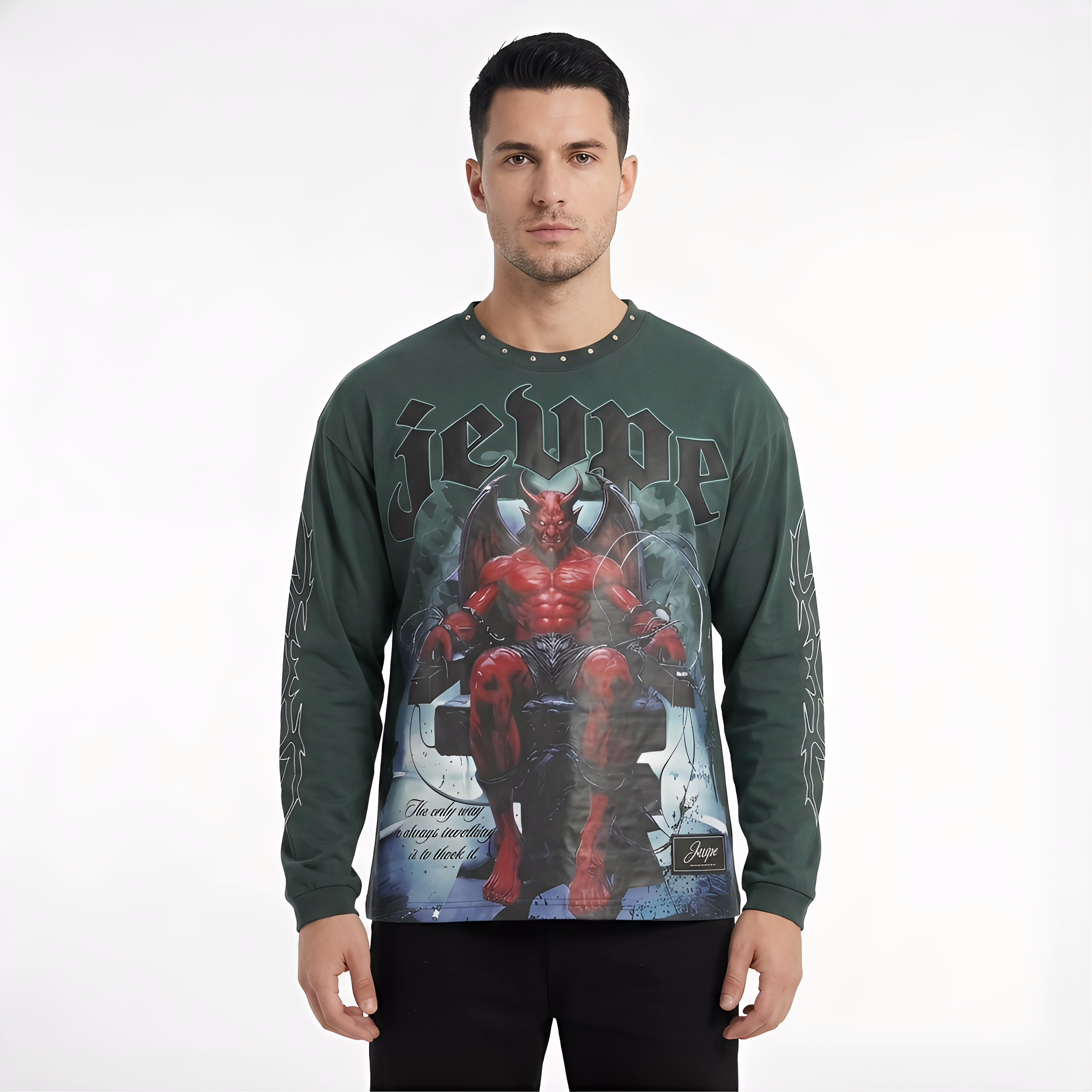 JEVPE men's dark green gothic demon throne graphic long sleeve T-shirt with studded details, edgy streetwear casual top