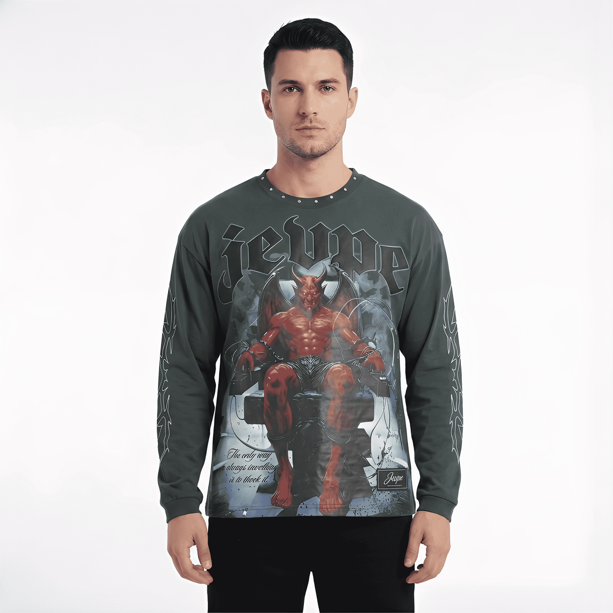 JEVPE men's dark green gothic demon throne graphic long sleeve T-shirt with studded details, edgy streetwear casual top