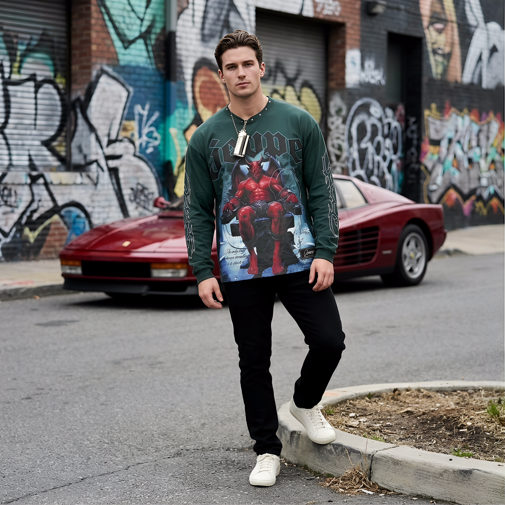 Dark green gothic demon throne graphic long sleeve T-shirt for men by JEVPE, featuring studded details and edgy streetwear style.