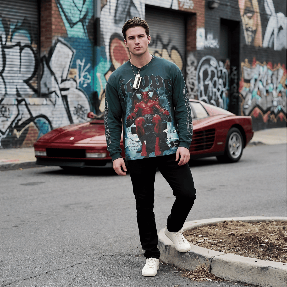 Dark green gothic demon throne graphic long sleeve T-shirt for men by JEVPE, featuring studded details and edgy streetwear style.