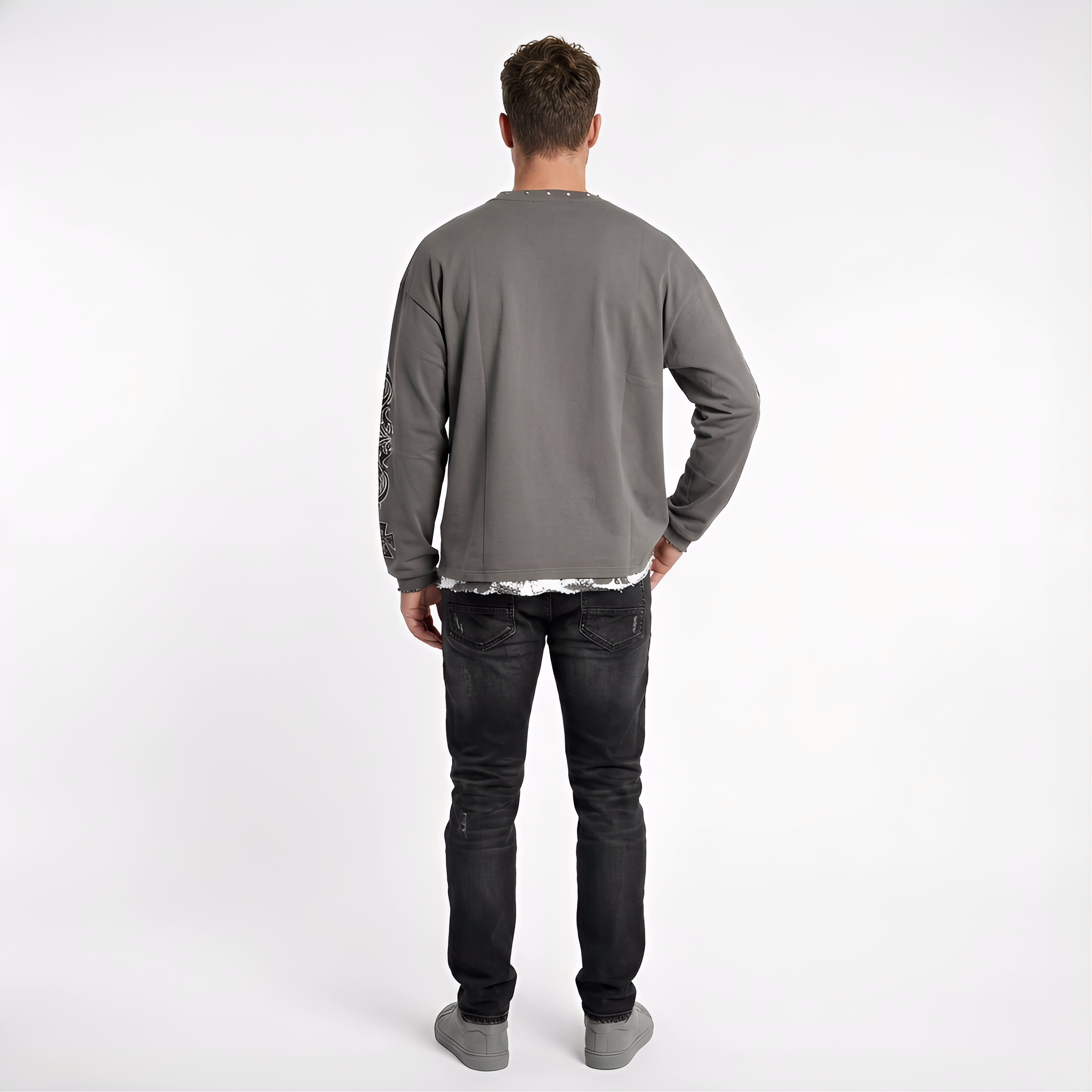 JEVPE men's charcoal grey long sleeve T-shirt with Gothic religious "Taking a Chance on Faith" graphic and studded details