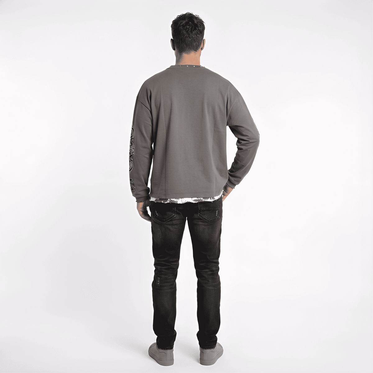 JEVPE men's charcoal grey long sleeve T-shirt with Gothic religious "Taking a Chance on Faith" graphic and studded details
