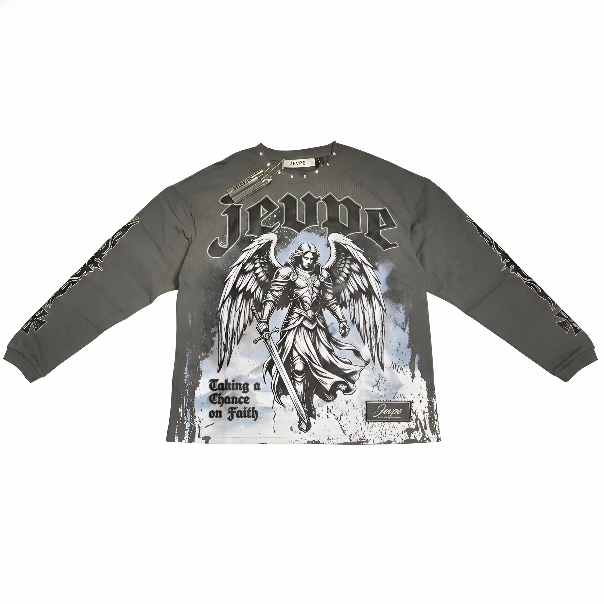 JEVPE men's charcoal grey long sleeve T-shirt with Gothic graphic and studded details, featuring religious streetwear design.