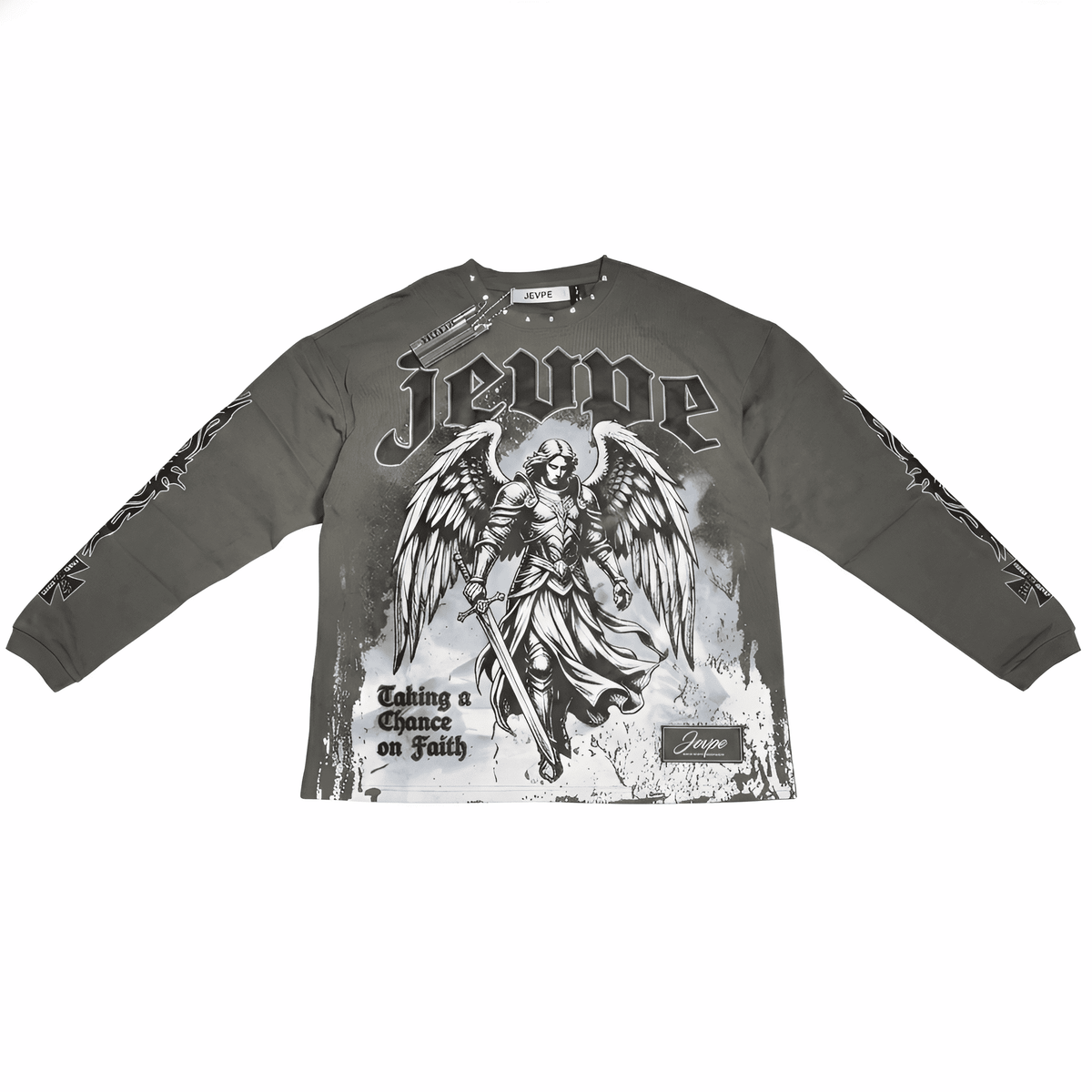 JEVPE men's charcoal grey long sleeve T-shirt with Gothic graphic and studded details, featuring religious streetwear design.