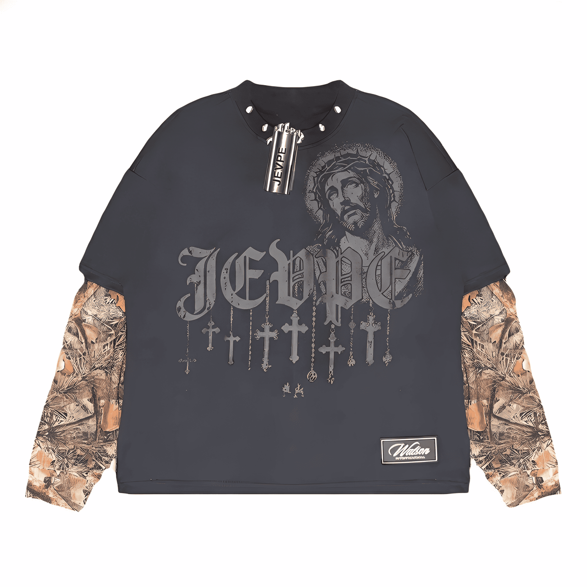 Dark grey JEVPE men's layered long sleeve T-shirt with gothic Jesus graphic, cross chain print, and studded neck streetwear style.