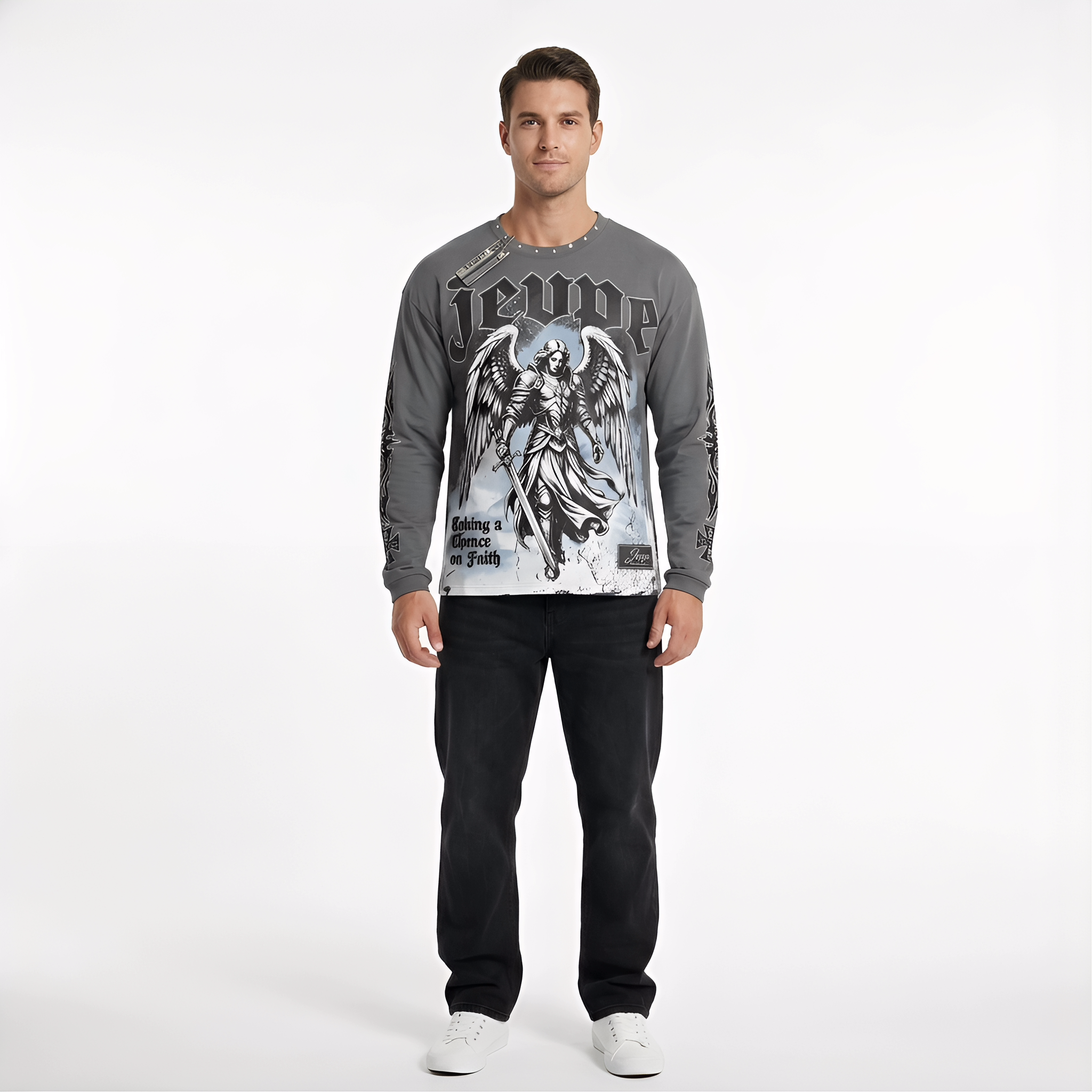 JEVPE men's charcoal grey long sleeve T-shirt with Gothic archangel graphic, studded accents, streetwear style, religious theme.