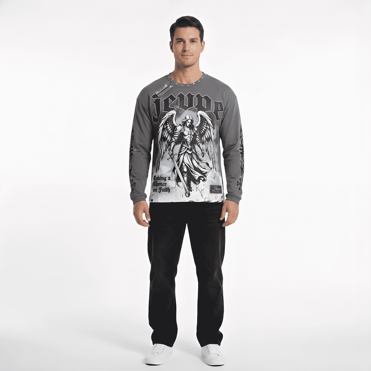 JEVPE men's charcoal grey long sleeve T-shirt with Gothic archangel graphic, studded accents, streetwear style, religious theme.