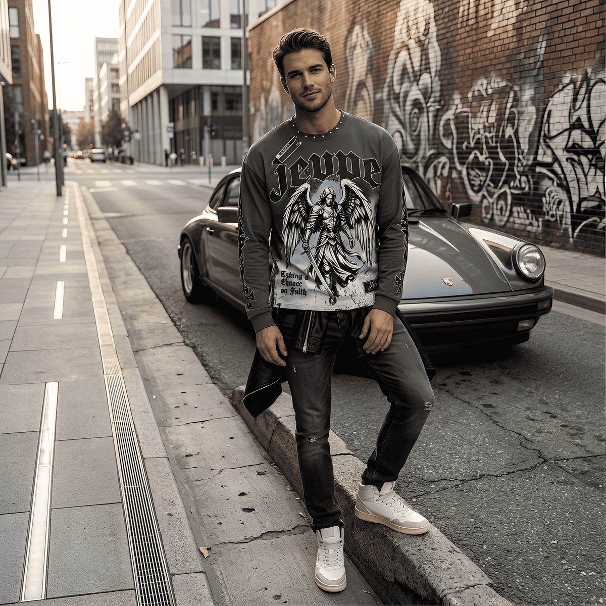 JEVPE men's charcoal grey long sleeve T-shirt featuring an archangel graphic and studded details, gothic religious streetwear top.